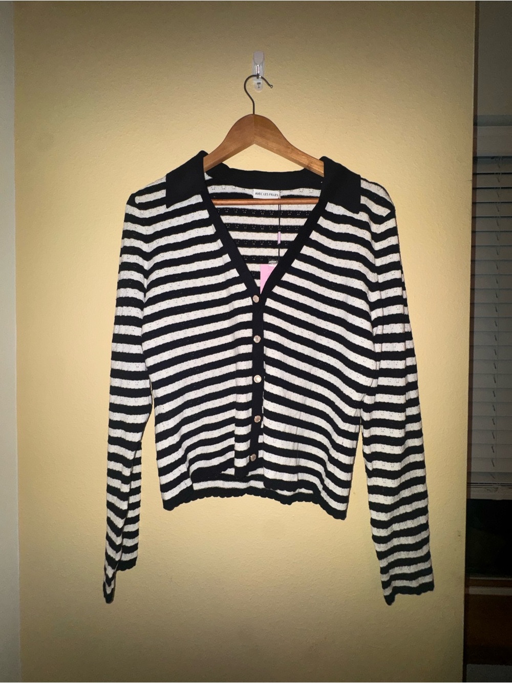 Avec Les Filles Black and White Striped Button-Up Cardigan